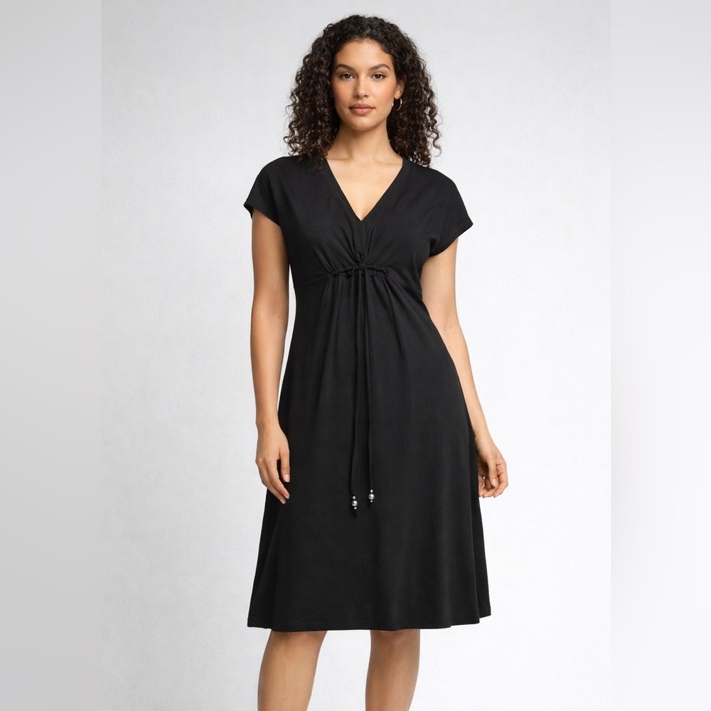 Imperfect Michael Michael Kors dress black v neck small front tie beads pleating
